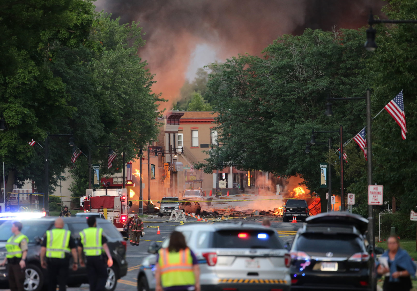 Fire burns in downtown Sun Prairie after a gas leak explosion